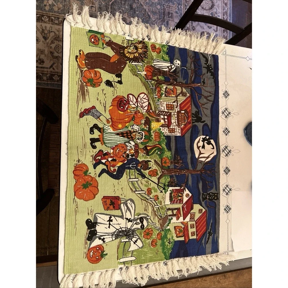 Halloween Accent Throw Rug Struck Or Treaters With Ghosts Witches Pumpkins Etc